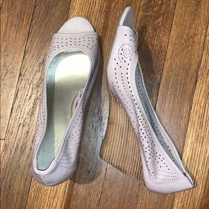 Pink peep toe wedges with cutout detail